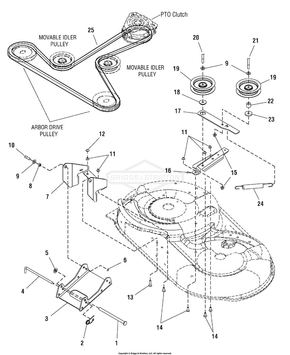 42-Inch Mower Deck - Clutch And Support Group Diagram and Parts List for 2690514 (107277680)(2005) Briggs and Stratton Lawn Tractor